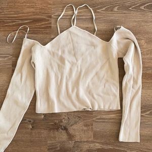 Tan off the shoulder ribbed long sleeve